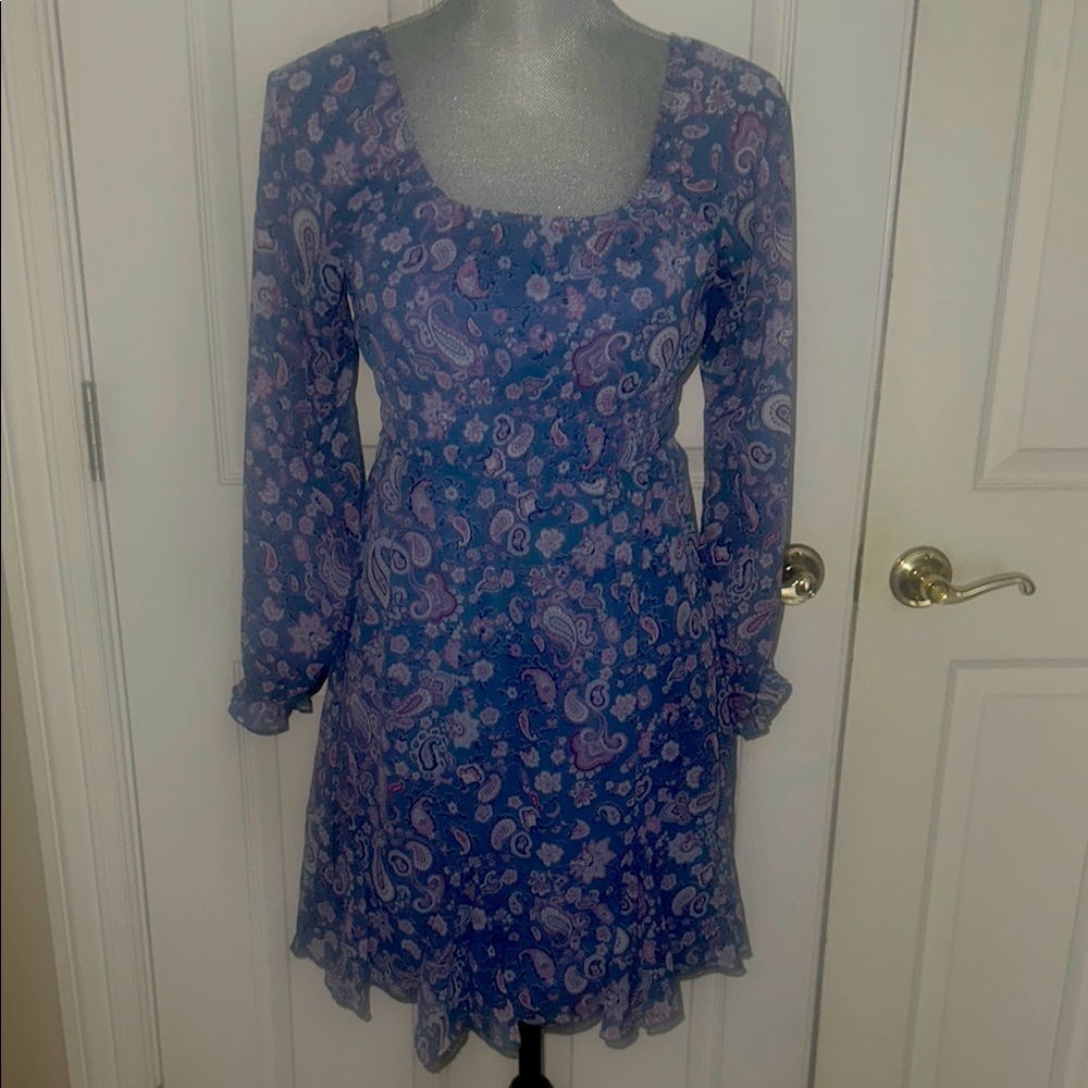 Elegant Franki girl Blue Paisley Dress.  Sheer sleeves